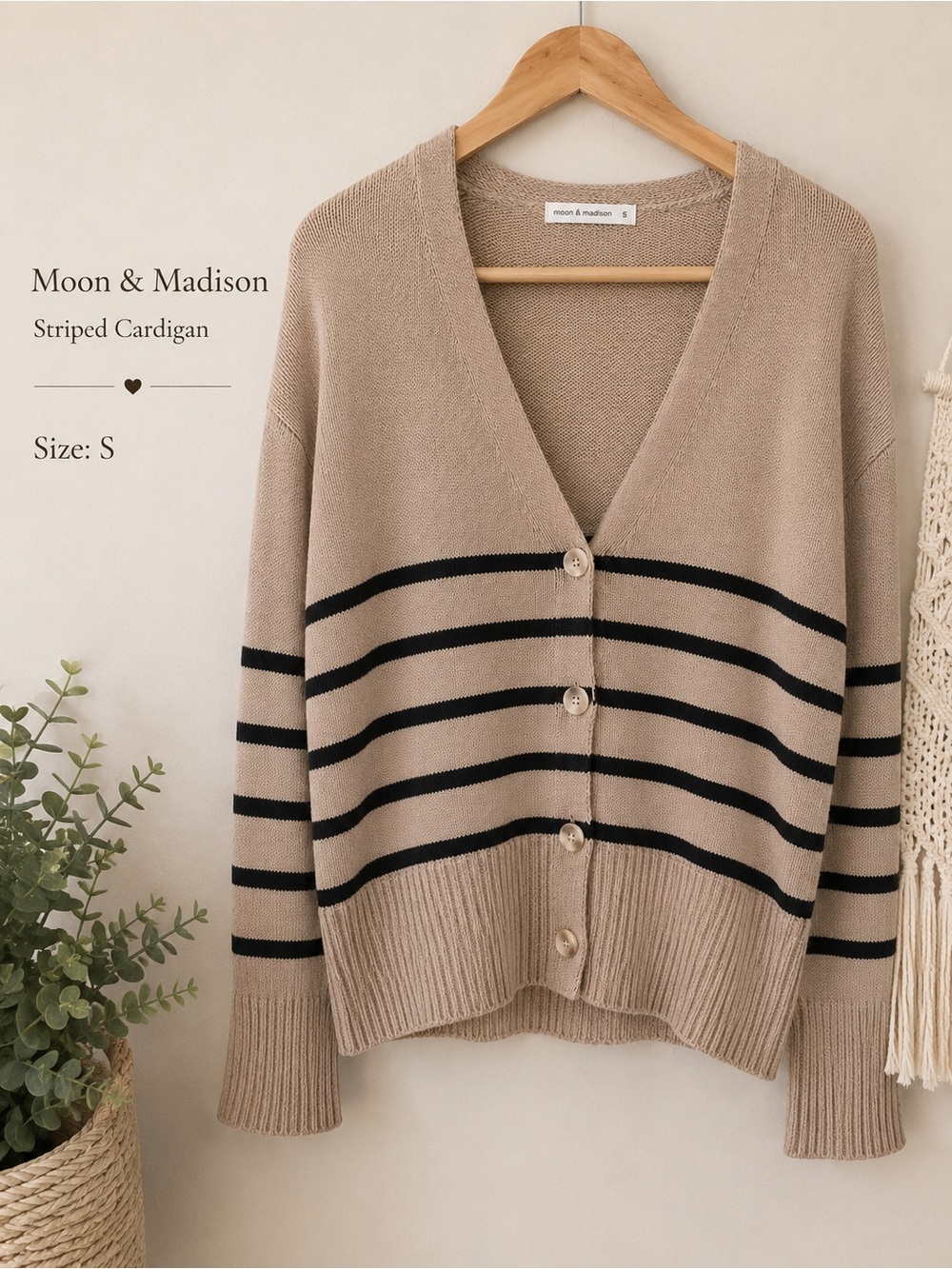 moon & madison Beige V-Neck Striped Cardigan